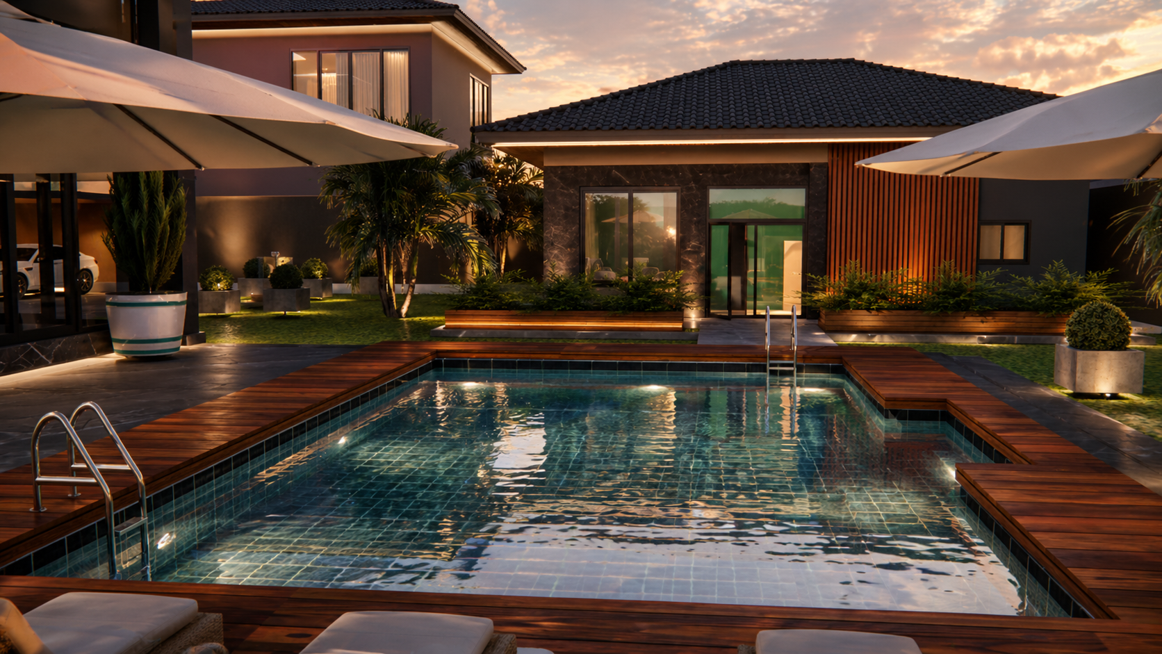 Free guest house illuminated at night